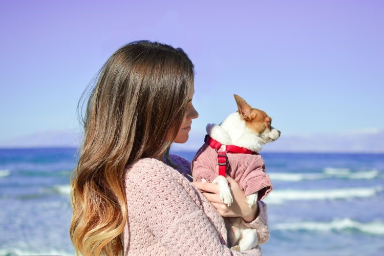 woman holding small dog by the ocean